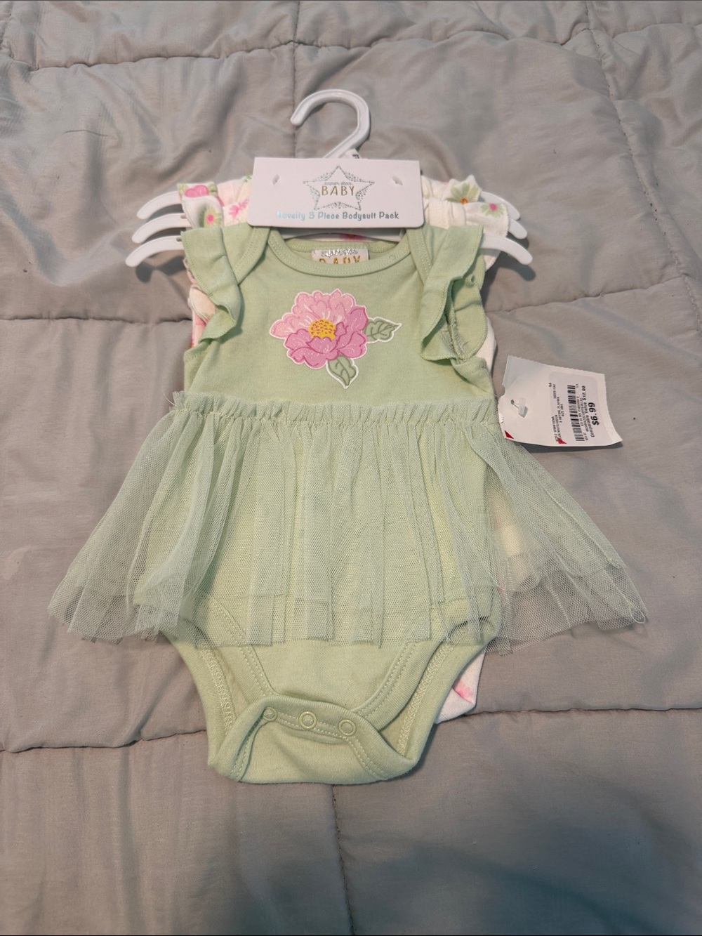 Green Tulle Baby Bodysuit with Pink Floral Applique